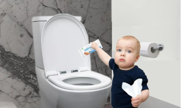 WC met een baby (jongetje) die een babydoekje doorspoelt