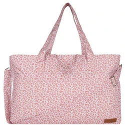 Roze panterprint luiertas met twee handvatten en draagband.