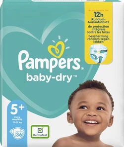 Pampers Baby-Dry Maat 5+, 36 Luiers, Tot 12 Uur Bescherming, 12-17kg Pampers Baby-Dry Maat 5+, 36 Luiers, Tot 12 Uur Bescherming, 12-17kg