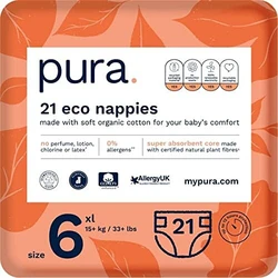 Pura Eco Babyluiers Maat 6 (XL 15kg+ / 33+ lbs) 1 pak van 21 Luiers, Peuter, Gemaakt van biologisch katoen, tot 12 uur bescherming tegen doorlekken,
