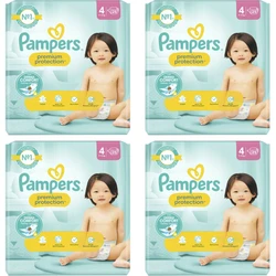 Vier pakken Pampers Premium Protection luiers maat 4 naast elkaar
